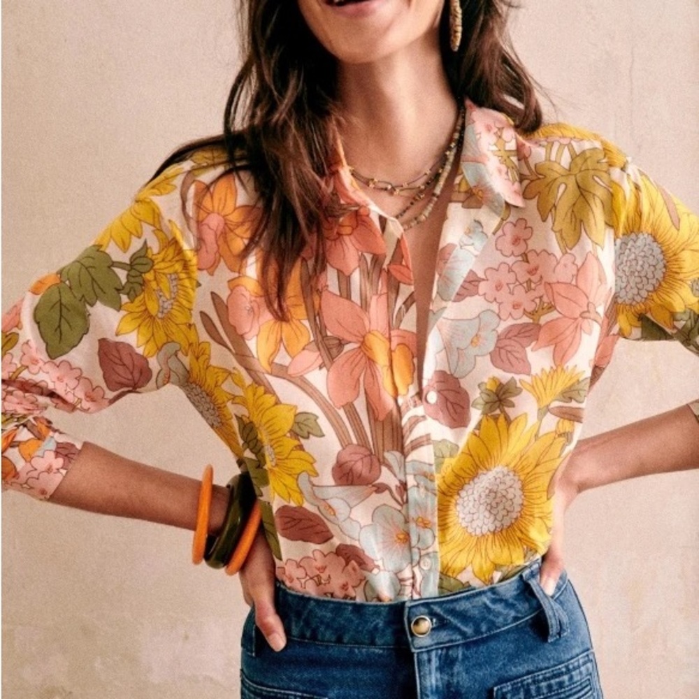 Sezane Floral Button-Up Blouse in Yellow, Pink, Green